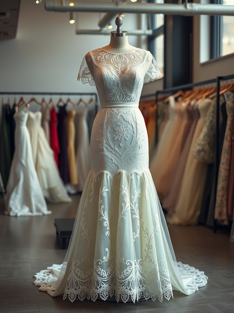 A two-piece wedding dress on a mannequin showcasing intricate lace and a flowing skirt in a bridal shop.