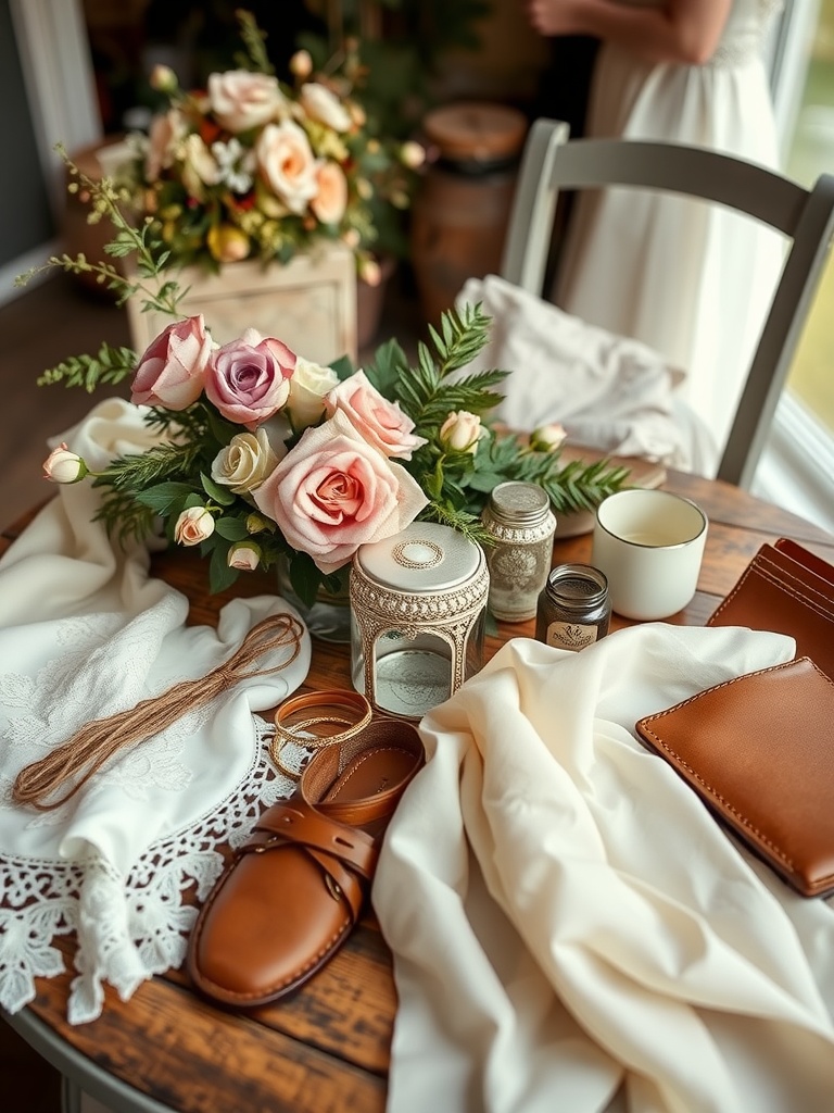 A table adorned with wedding accessories including flowers, fabrics, and shoes