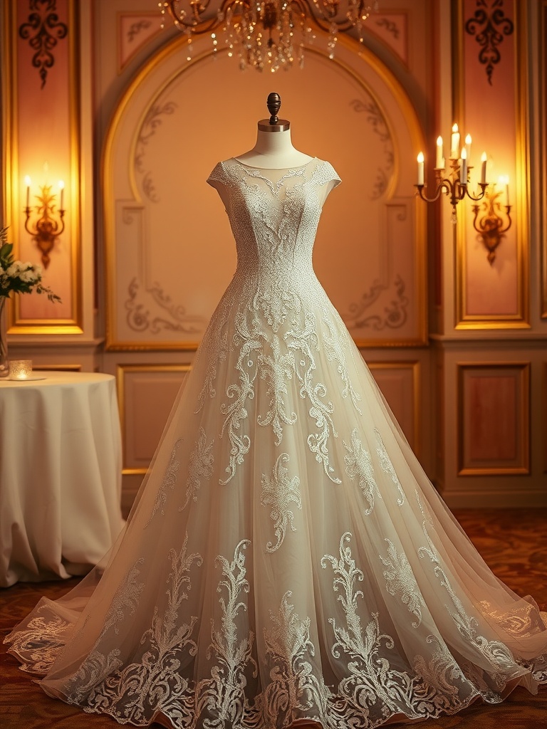A beautiful wedding dress featuring intricate lace and sparkling details, displayed elegantly in a luxurious setting.