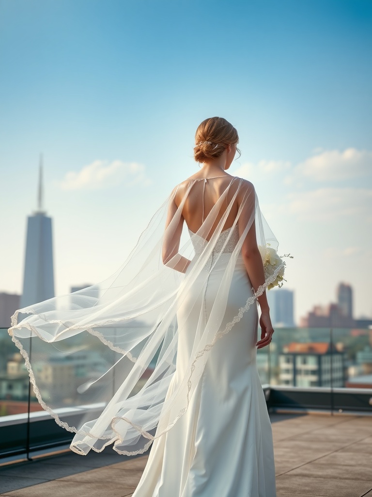 A bride wearing a sheer bridal capelet, showcasing an asymmetrical cut, with a city skyline in the background.