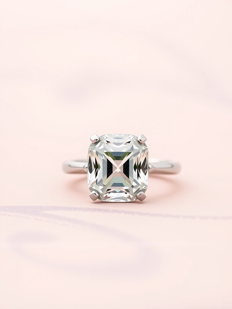 Cushion cut engagement ring on a pink background, showcasing its soft corners and sparkling diamond.
