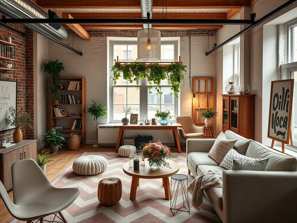A cozy modern loft with stylish decor, plants, and natural light, ideal for intimate weddings.