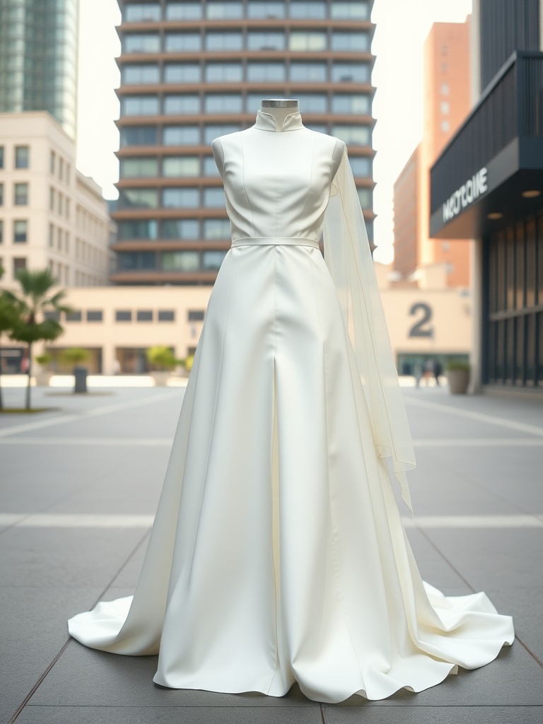A modern minimalist wedding dress with clean lines and a sophisticated silhouette.