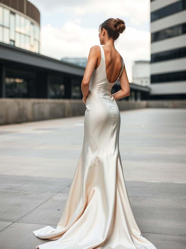 A model wearing a sleek satin wedding dress with a minimalist design, showcasing a modern bridal look.