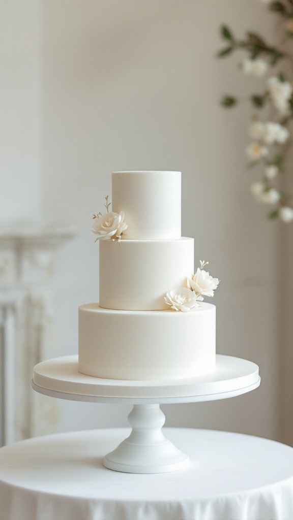 A minimalist wedding cake in white with delicate flowers, showcasing elegance and simplicity.
