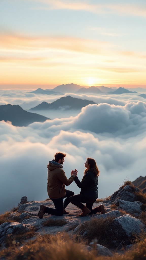 Couple on a mountain top during a proposal, man kneeling with ring, woman smiling, sunset in the background.