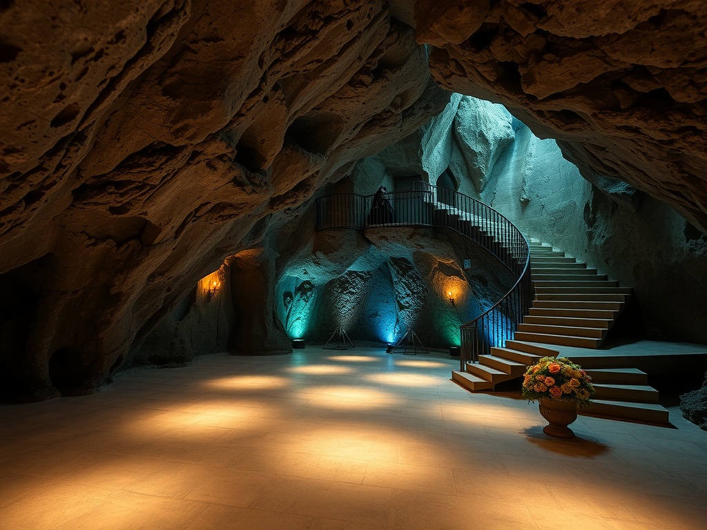 A beautifully lit cave interior with an elegant staircase, creating a mystical atmosphere for a wedding venue.