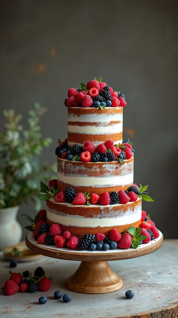 A three-tier naked cake decorated with fresh raspberries, blueberries, and blackberries.