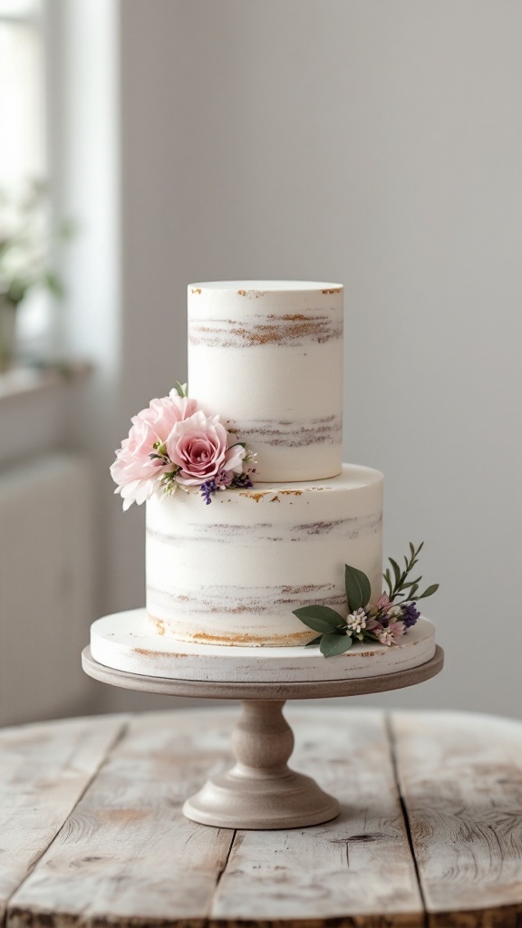 A minimalist wedding cake with fresh flowers, showcasing a chic and clean design.