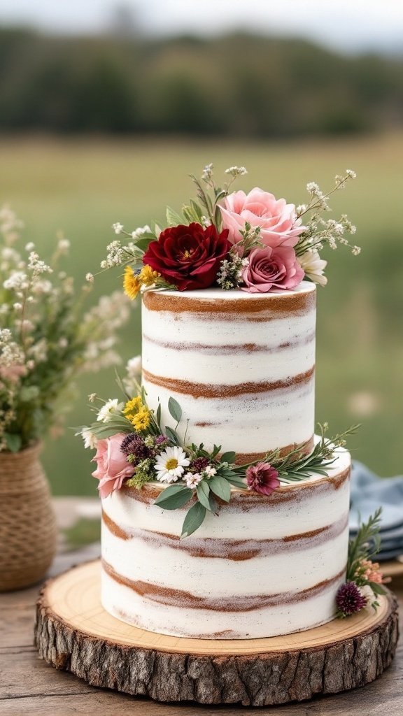 Naked cake with fresh flowers on a wooden stand