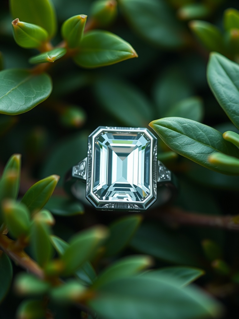 Nature-inspired emerald cut engagement ring resting on green leaves.