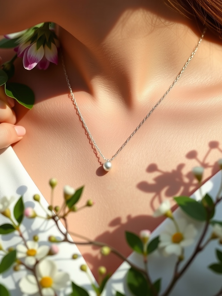 A close-up of a delicate pearl necklace worn by a bride, surrounded by flowers.