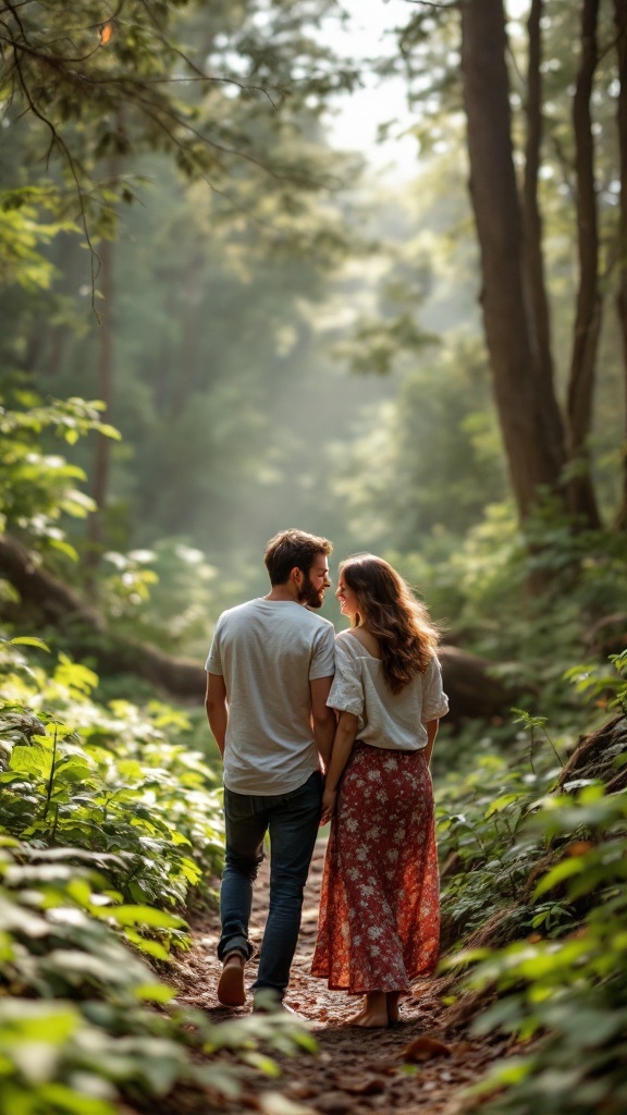 A couple holding hands and walking down a forest path, surrounded by greenery, creating a romantic nature-inspired atmosphere.