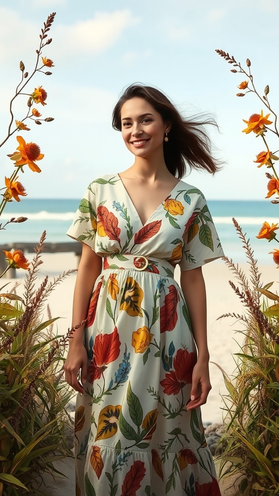 A nature-inspired printed dress with earthy shades, perfect for a beach wedding, displayed on the sand.