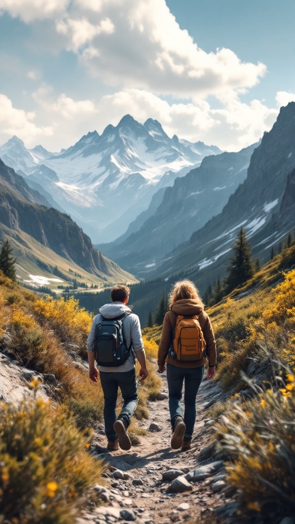 A couple hiking in nature, with the man carrying the woman on his back, surrounded by trees and mountains.