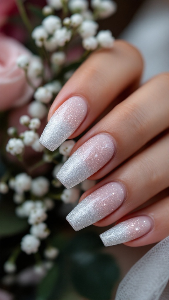 Navy to silver glitter ombre wedding nails with floral background