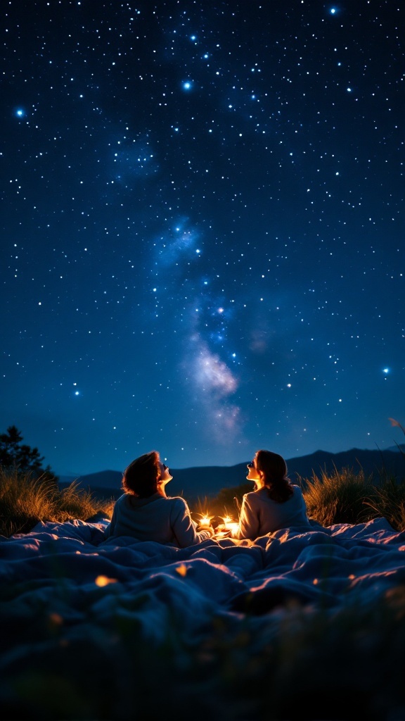 Couple stargazing at night under a sky full of stars