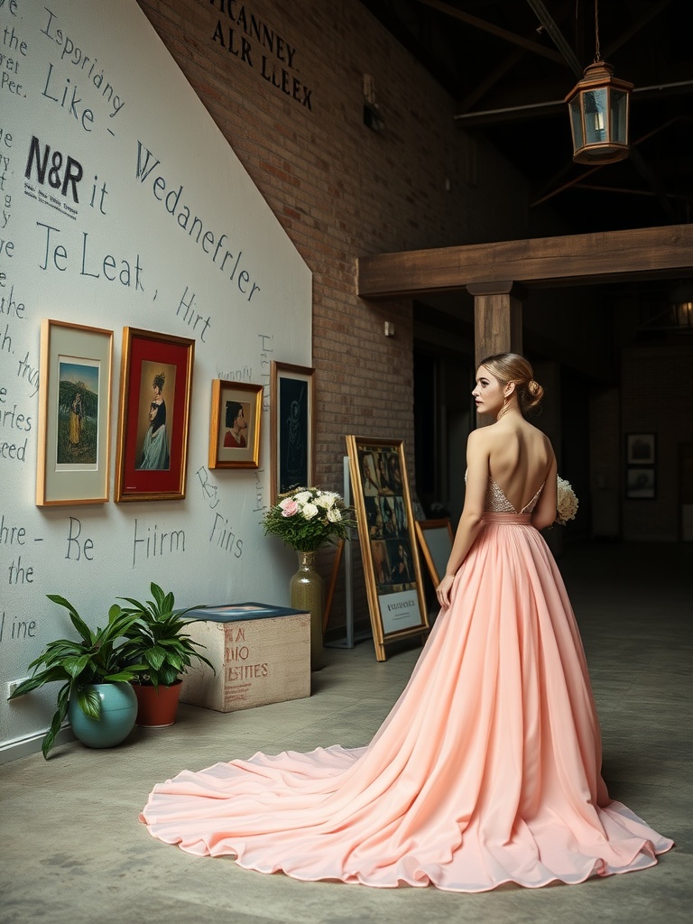 A bride in a blush wedding dress standing in a unique venue