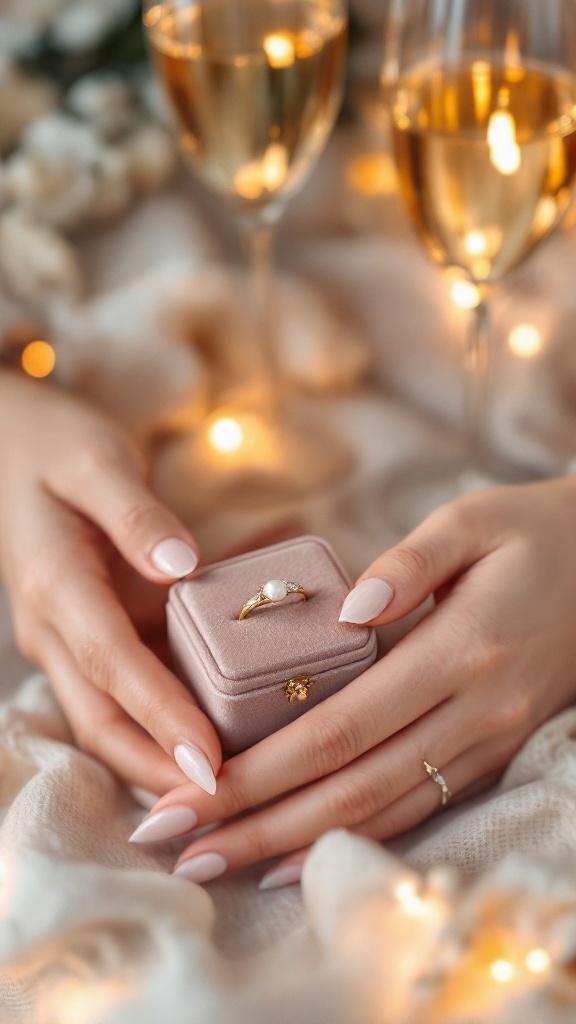 Close-up of hands with nude nails holding a velvet box containing a pearl engagement ring, with champagne glasses in the background