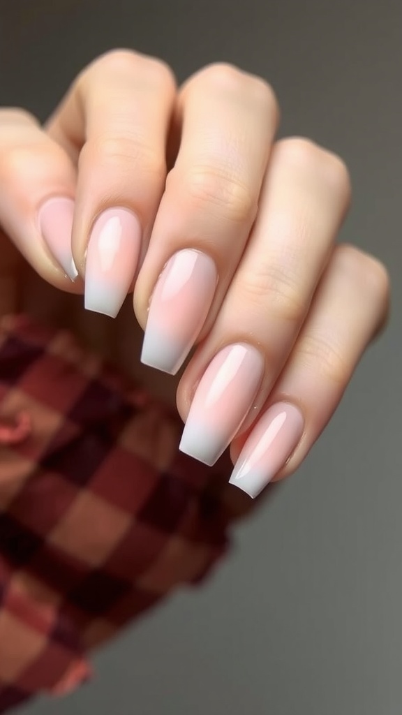A hand with nude ombre nails holding a bouquet of white roses.