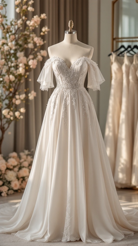 A beautiful off-the-shoulder wedding dress with sheer sleeves, designed for curvy brides.