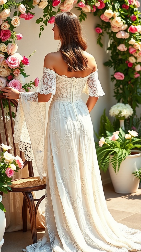 A woman in an off-the-shoulder lace dress, standing among flowers, showcasing a romantic summer wedding guest look.
