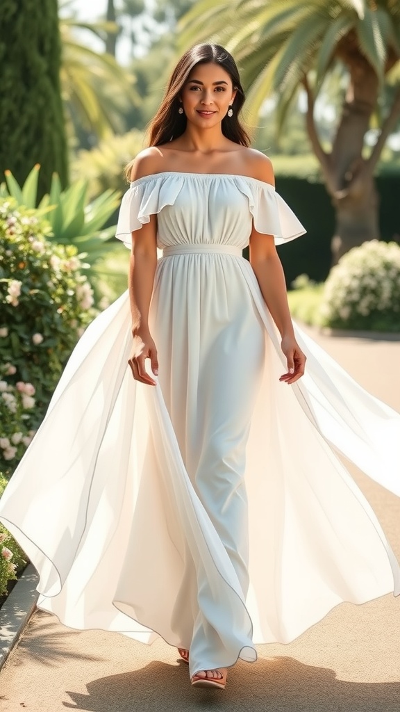 A woman wearing an off-the-shoulder maxi dress in soft pastel colors, walking gracefully in a garden setting.