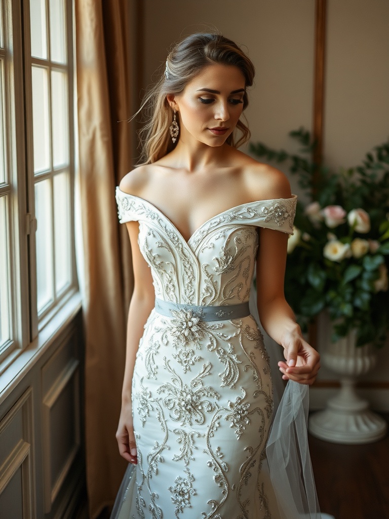 A stunning off-the-shoulder wedding dress adorned with sequins and intricate beading, set against a luxurious ballroom backdrop.