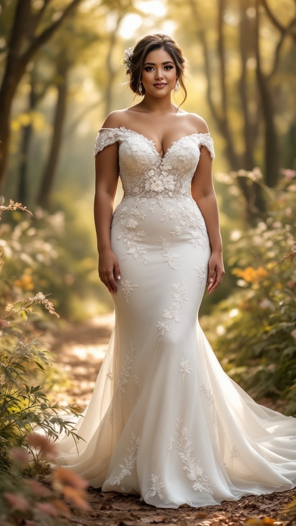 A curvy bride in an off-the-shoulder wedding dress standing in a forest.