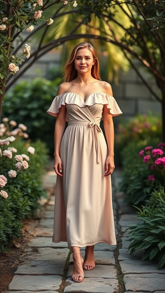 A woman wearing an off-the-shoulder dress walking in a garden with flowers.