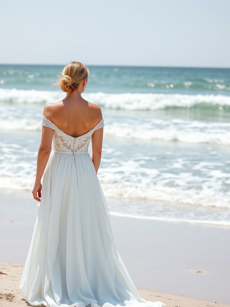 A bride in an off-the-shoulder dress standing on the beach, looking out at the ocean.