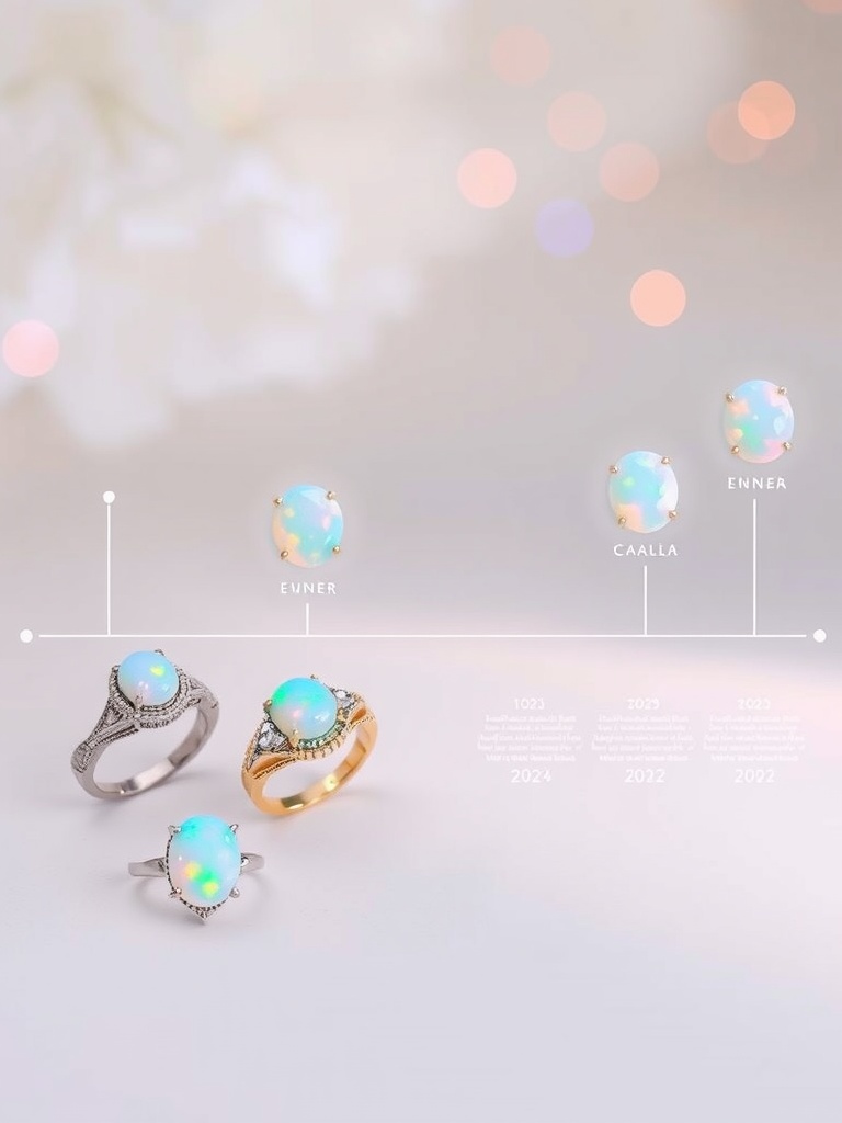 An assortment of opal engagement rings featuring colorful opals in various settings.