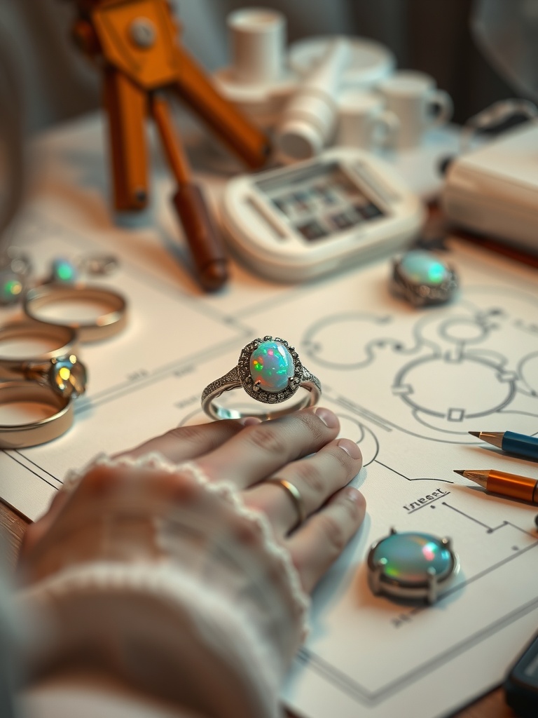 A close-up of an opal ring on a design paper, with tools and other rings scattered around.