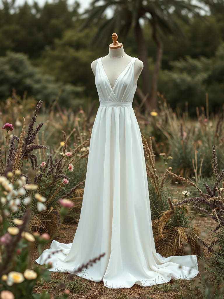 A beautiful organic cotton wedding dress displayed outdoors among vibrant plants and flowers.