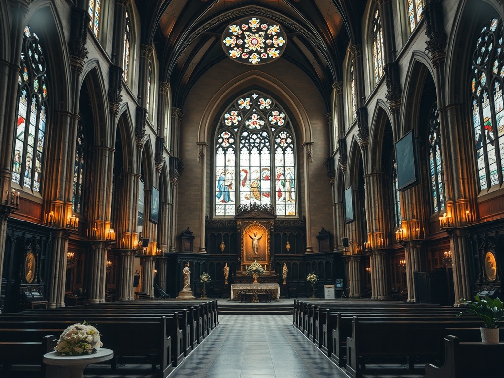 Interior of an ornate historical church with stained glass windows and elegant architecture.