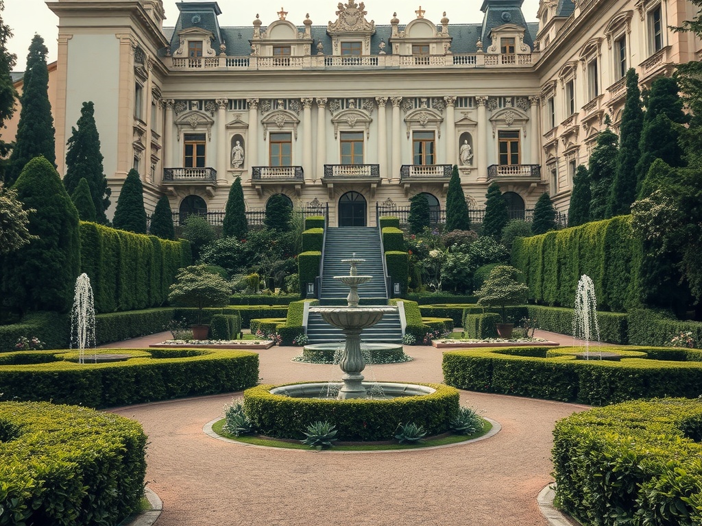A beautifully structured palace garden featuring a central fountain, manicured hedges, and an ornate building in the background.