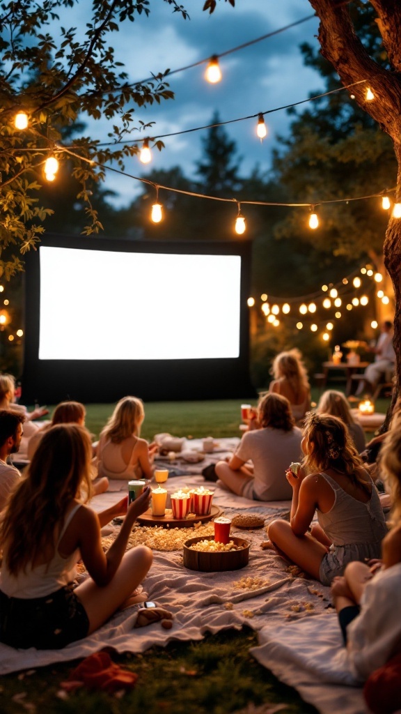 Guests enjoying an outdoor movie screening under string lights