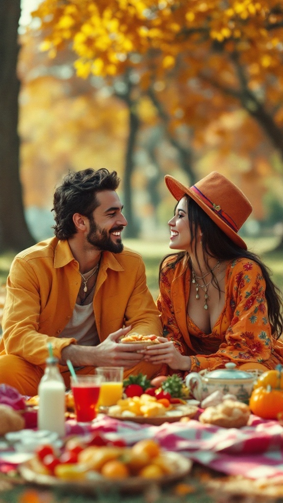 A couple enjoying a colorful outdoor picnic in quirky outfits amidst autumn leaves.
