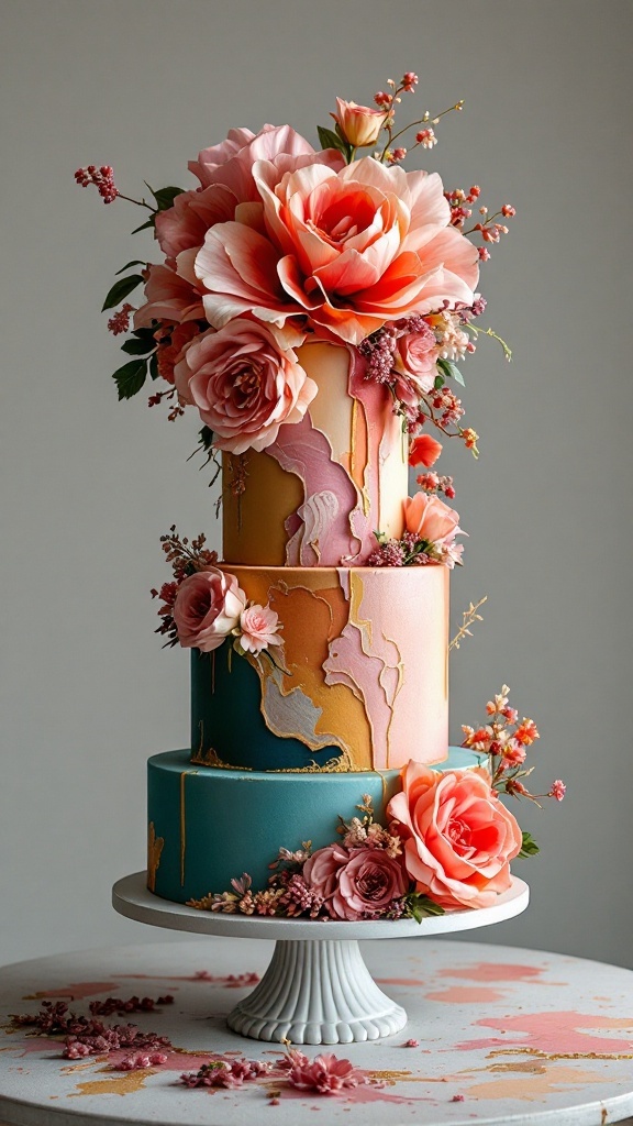 Three-tier wedding cake with oversized floral arrangements in pastel colors.