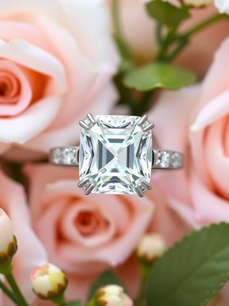 Cushion cut engagement ring with side stones surrounded by roses