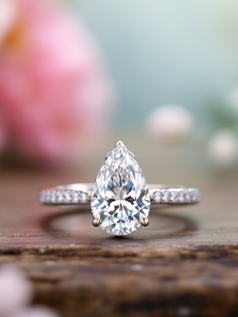 A close-up of a pear-shaped engagement ring with a diamond and delicate band, set against a soft floral background.