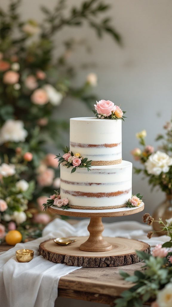 A rustic wedding cake with pastel colored frosting and floral decorations, set on a wooden cake stand.