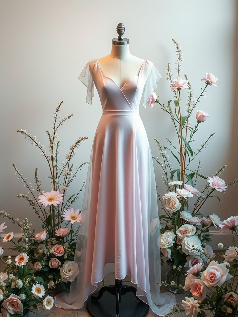 Pastel blush wedding dress displayed with flowers