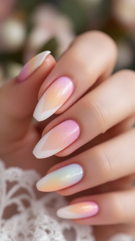 Pastel rainbow ombre wedding nails with pink, lavender, and mint colors
