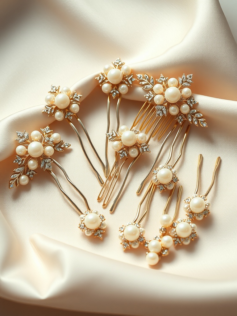 Collection of pearl-encrusted hairpins displayed on a soft fabric