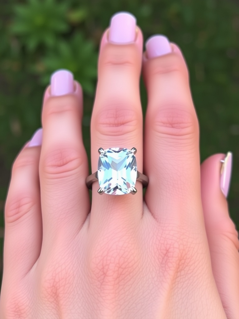A couple smiling and admiring a cushion cut diamond engagement ring