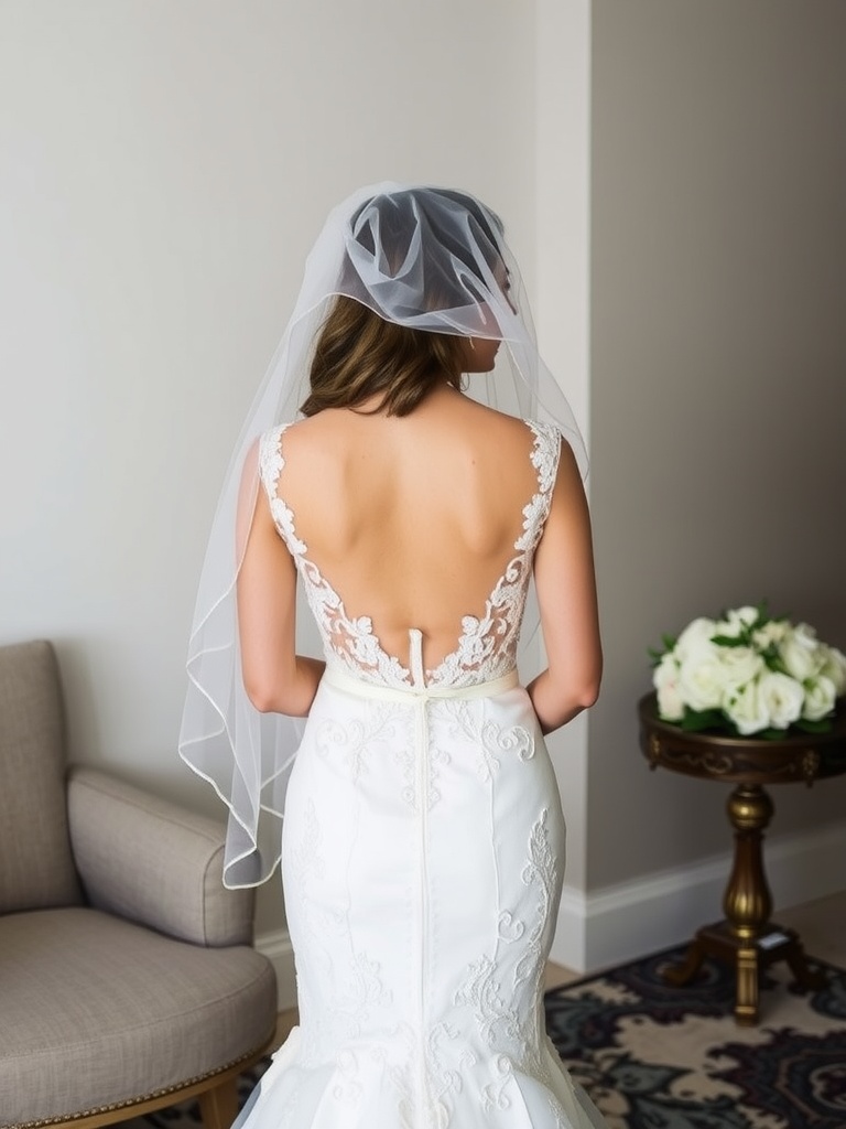 Bride looking in a mirror with a veil, showcasing her wedding dress.