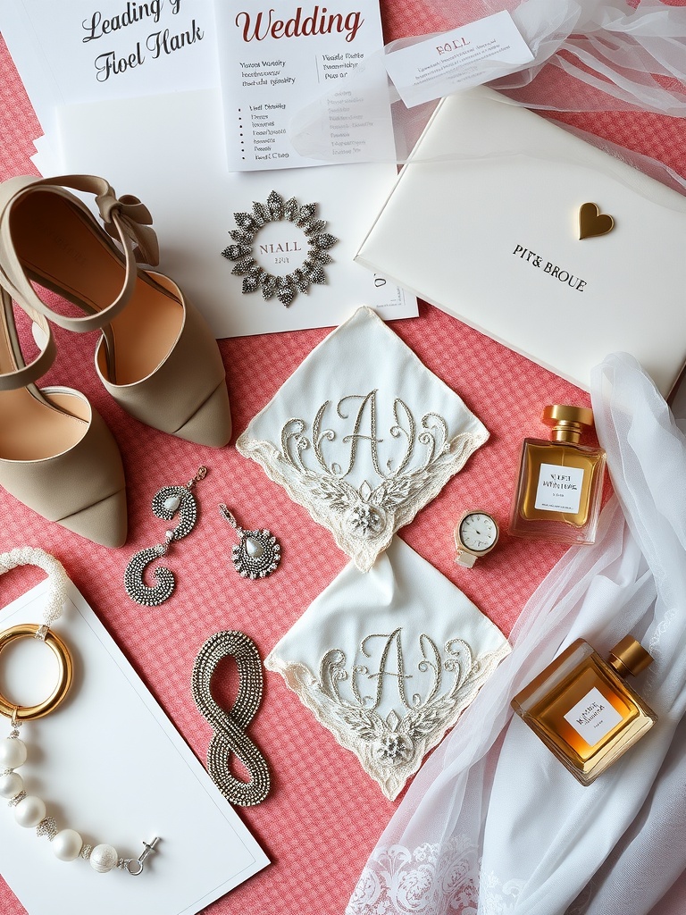 A flat lay of bridal accessories including shoes, jewelry, handkerchiefs, and a clutch, set on a pink background.