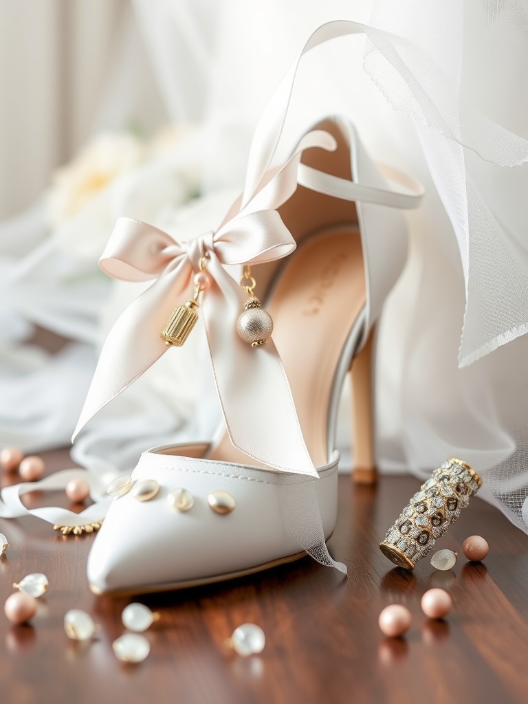 A stylish pair of personalized wedding shoes with a satin ribbon and decorative details.