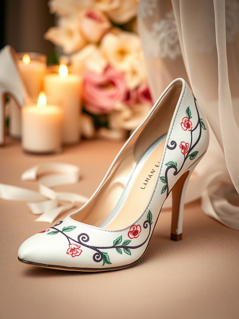 A beautifully designed white bridal shoe with red floral embroidery, surrounded by candles and flowers, symbolizing personalized wedding footwear.